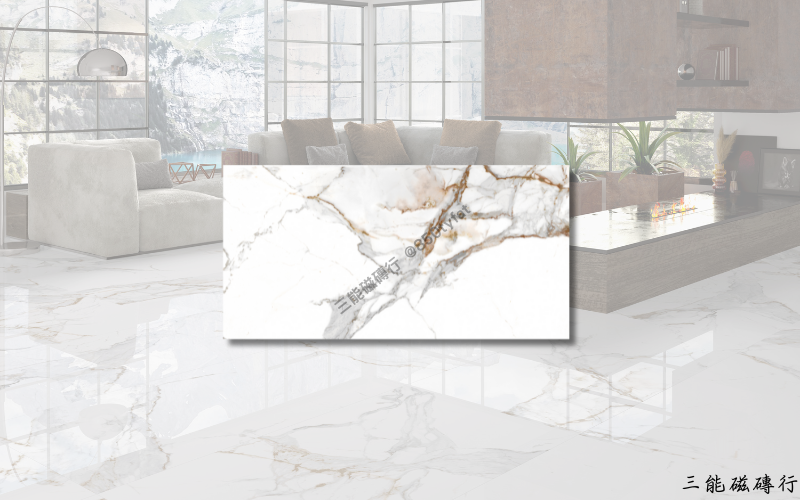 高級亮面大理石磁磚，純白底色搭配細緻金色紋理，適用於現代簡約風格空間。