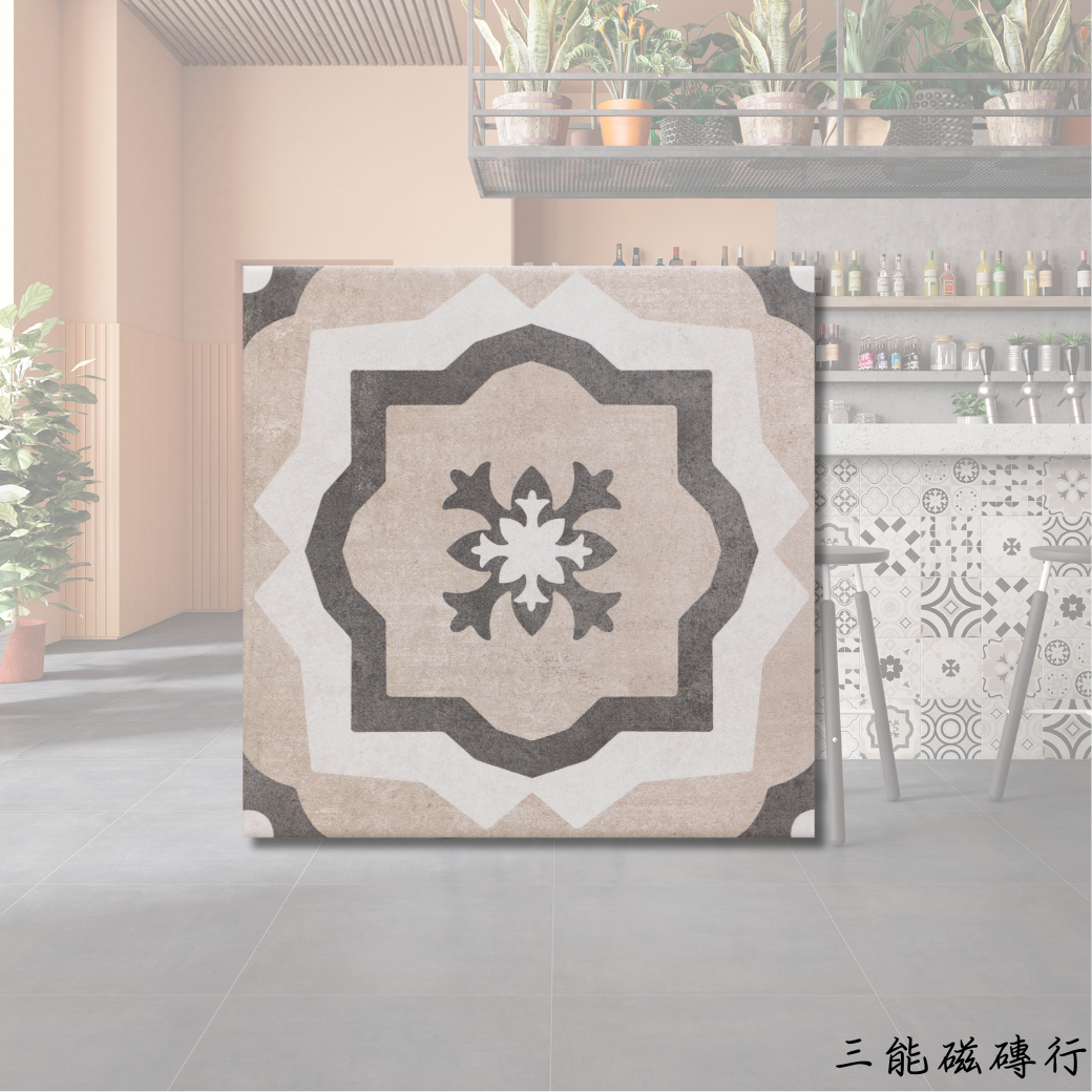 摩洛幻影系列萬花筒磁磚，複雜幾何圖形拼接出視覺層次感，適用於室內地坪與立面裝飾，增添異國風采