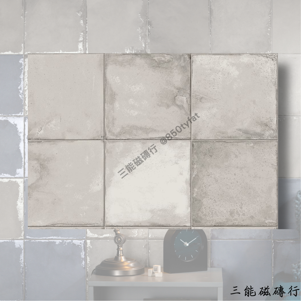 礦彩映象系列白花磁磚，手工感紋理搭配低調花紋，適合居家與商業空間使用，增添精緻裝飾感。