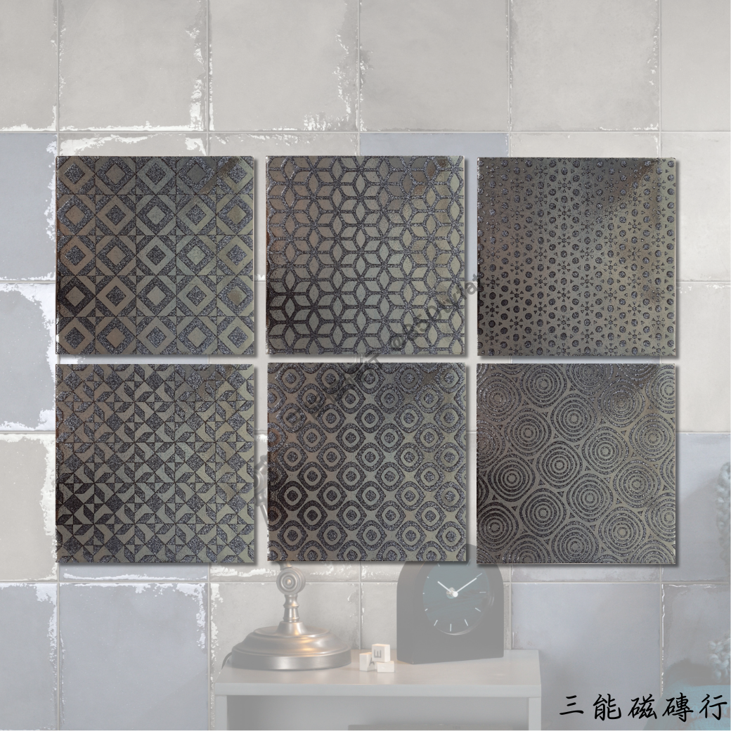 礦彩映象系列白花磁磚，手工感紋理搭配低調花紋，適合居家與商業空間使用，增添精緻裝飾感。