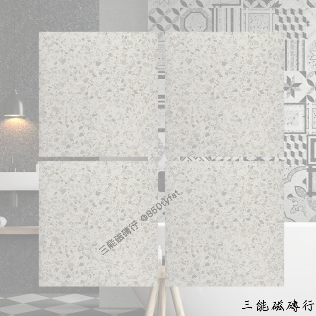 摩登水磨系列隨機花磁磚，黑白灰水磨石紋與幾何花紋結合，打造個性化拼貼效果，適用於浴室、廚房與特色牆面。