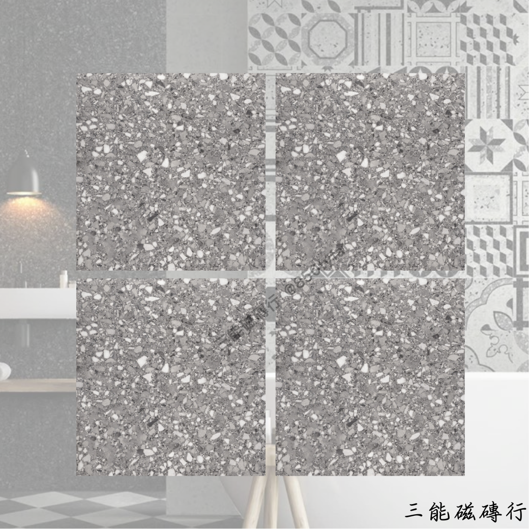 摩登水磨系列白色水磨石磁磚，細緻白底搭配淺色石紋點綴，適用於現代極簡與北歐風空間設計。