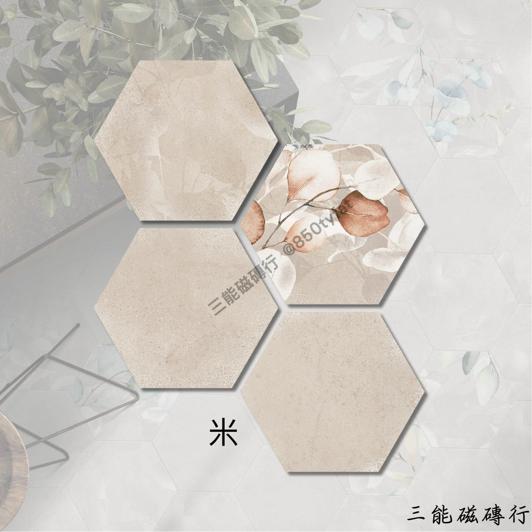 六角形灰色磁磚，融合淡雅花卉圖案，適用於現代與自然風格空間。