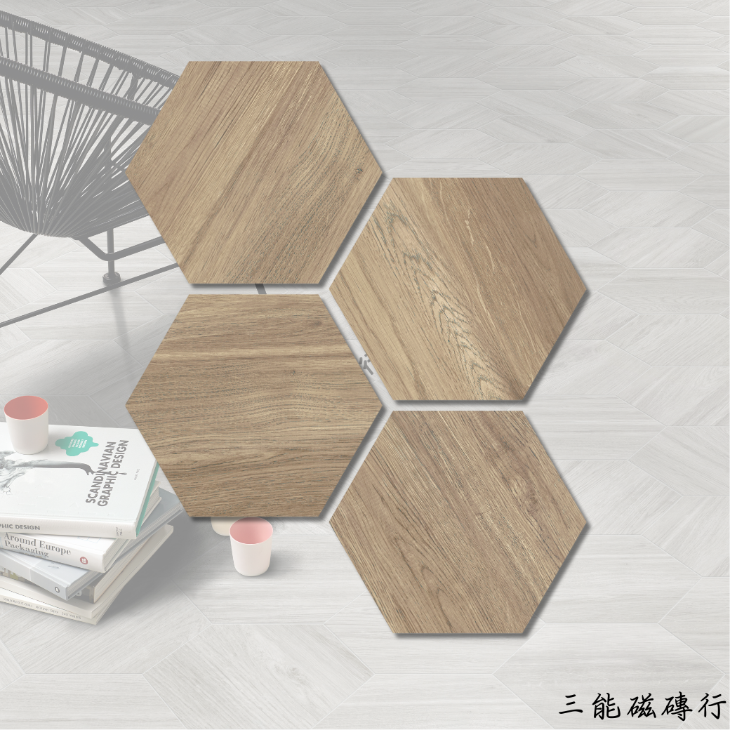 灰色木紋六角磚，兼具木質紋理與水泥風格，適合現代工業風設計。