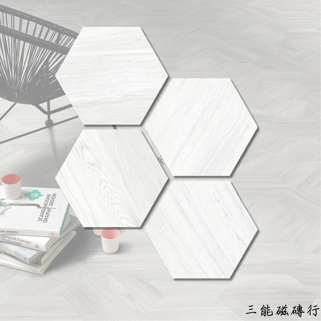 灰色木紋六角磚，兼具木質紋理與水泥風格，適合現代工業風設計。