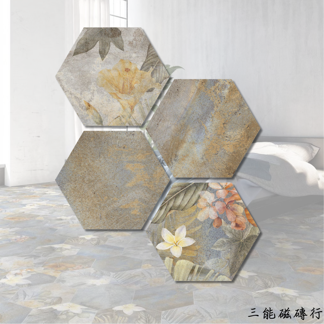 深色森林風六角磁磚，呈現大地色系與花卉細節，適合獨特個性設計。
