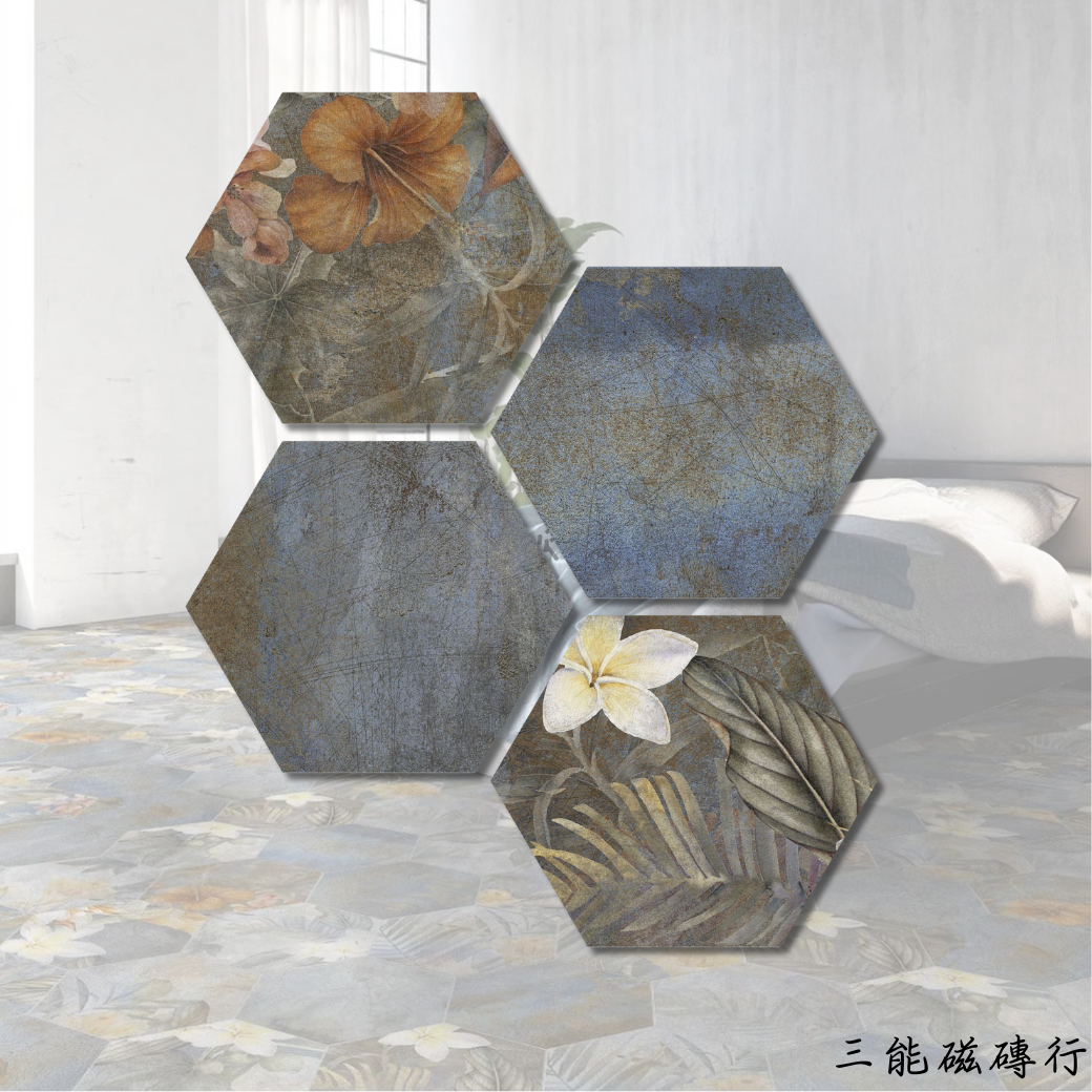 深色森林風六角磁磚，呈現大地色系與花卉細節，適合獨特個性設計。