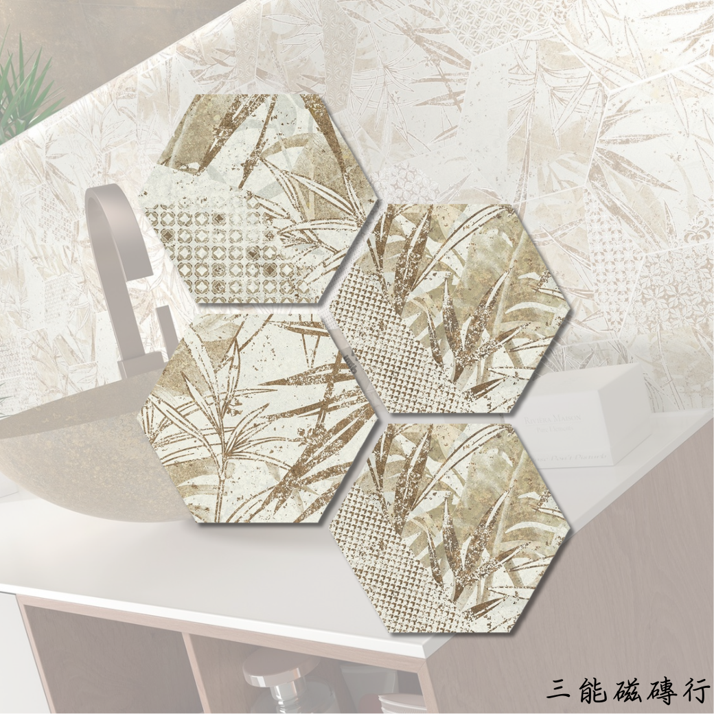 白六角磁磚，簡約而百搭，適用於現代極簡風或日式禪風空間。