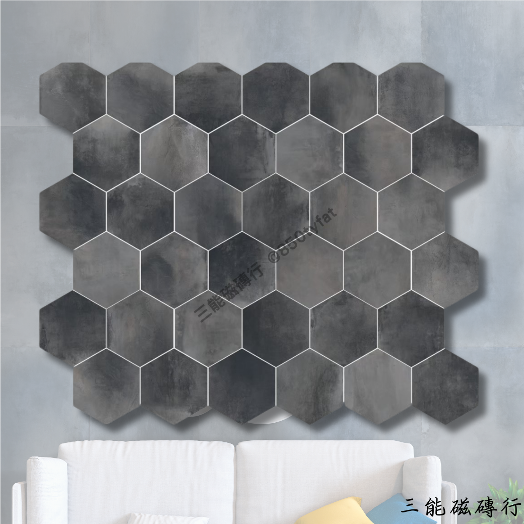 六角形瓷磚，深藍色調，帶有水泥質感與自然色彩變化，適合營造高級感與個性化空間設計，適用於牆面與地面鋪設。