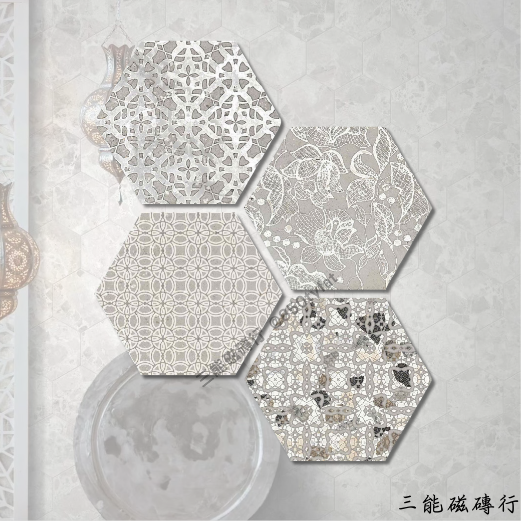 六角形花磚，米色基底搭配精細的浮雕圖案，呈現復古與高雅兼具的設計風格，適用於特色空間裝飾。