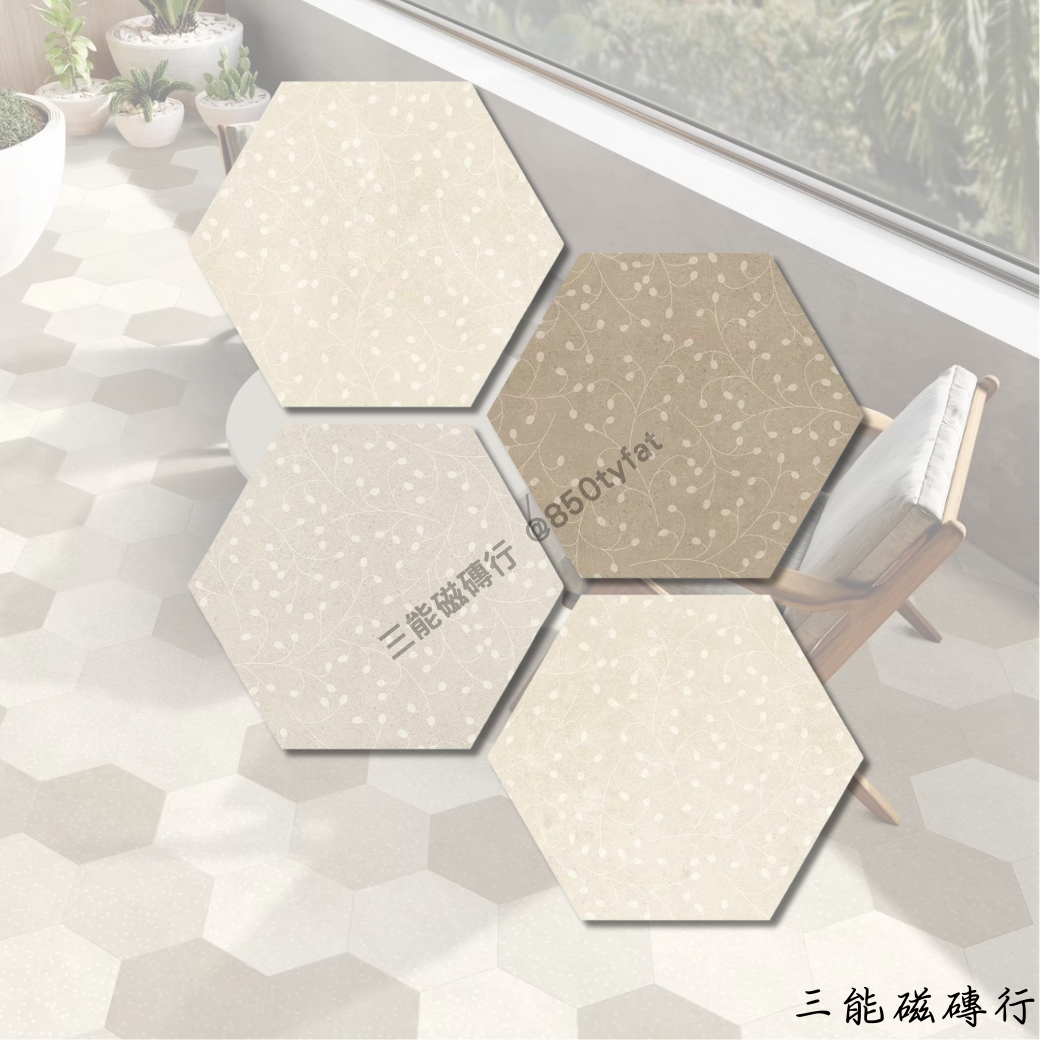 六角形瓷磚，灰色調搭配細緻的藤蔓花紋，營造優雅自然的空間氛圍，適用於現代與復古風格裝潢。