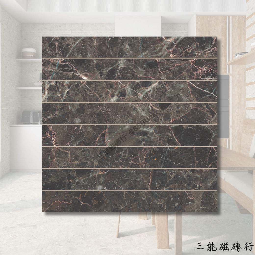 淺米灰大理石長條磚，表面帶有細緻玉石紋理與金色礦脈，適用於高質感牆面裝飾