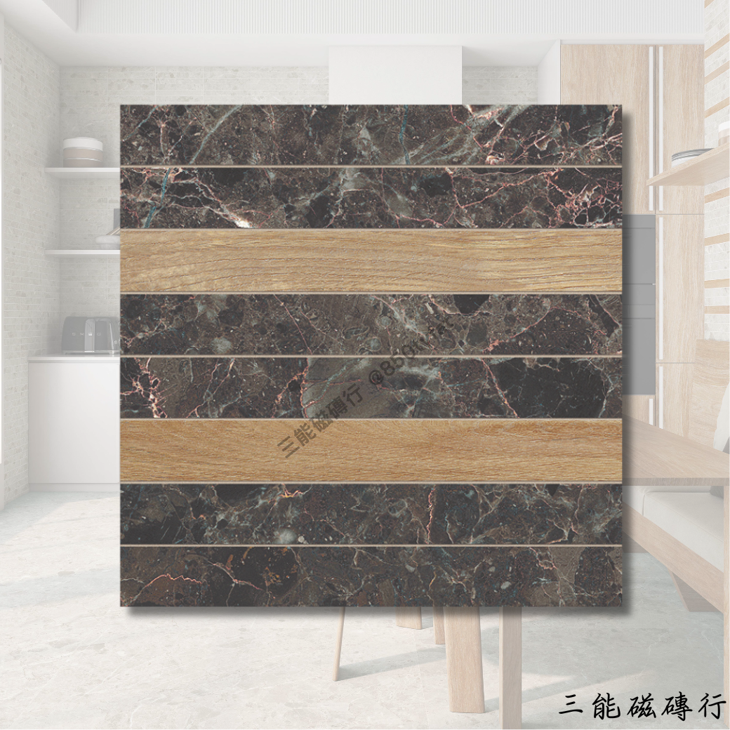 淺米灰大理石長條磚，表面帶有細緻玉石紋理與金色礦脈，適用於高質感牆面裝飾