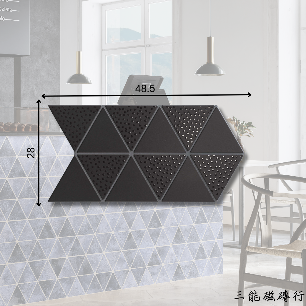 多彩幾何花紋三角拼貼磁磚，充滿異國風情與設計感，適合裝飾性牆面