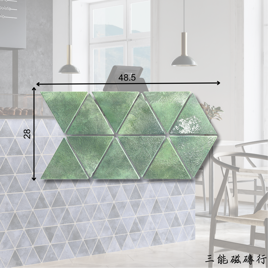 多彩幾何花紋三角拼貼磁磚，充滿異國風情與設計感，適合裝飾性牆面