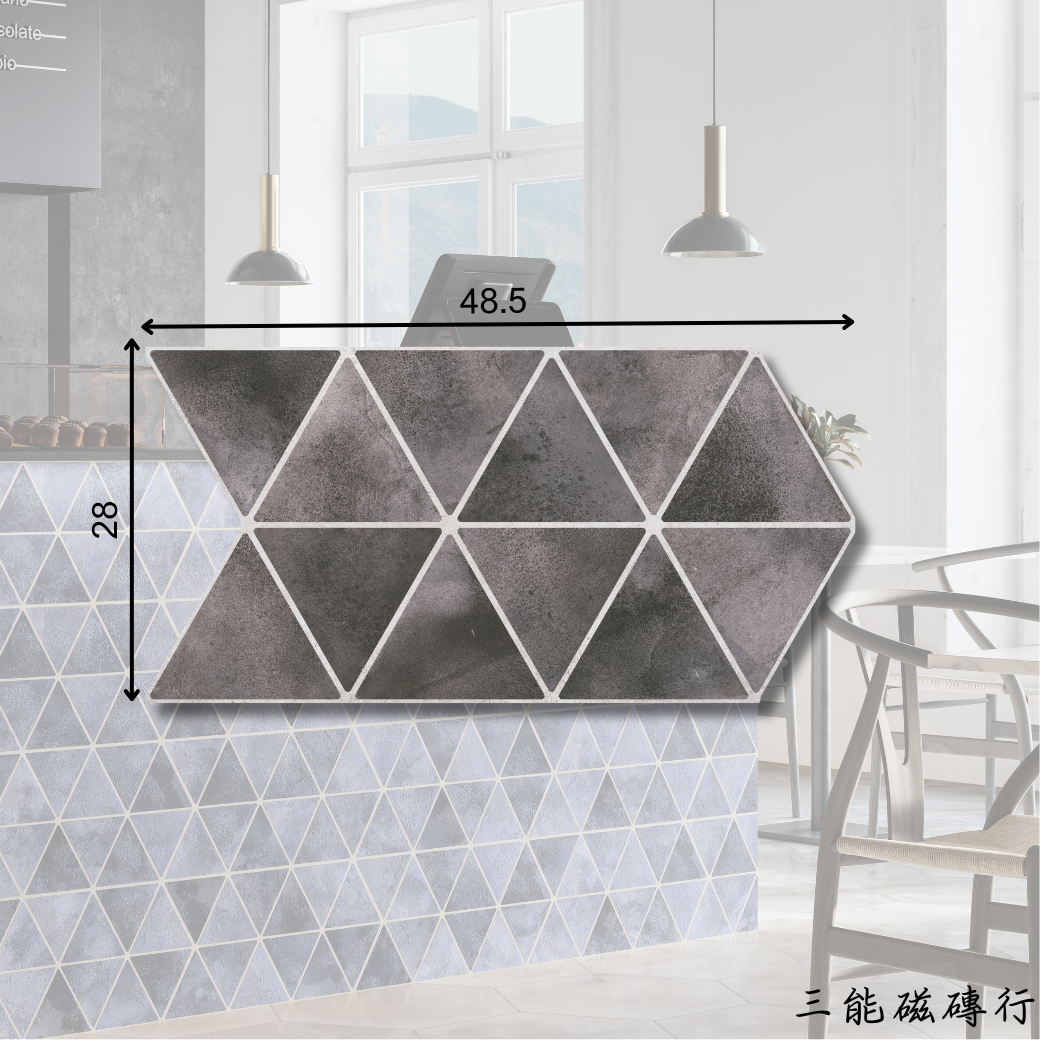 多彩幾何花紋三角拼貼磁磚，充滿異國風情與設計感，適合裝飾性牆面