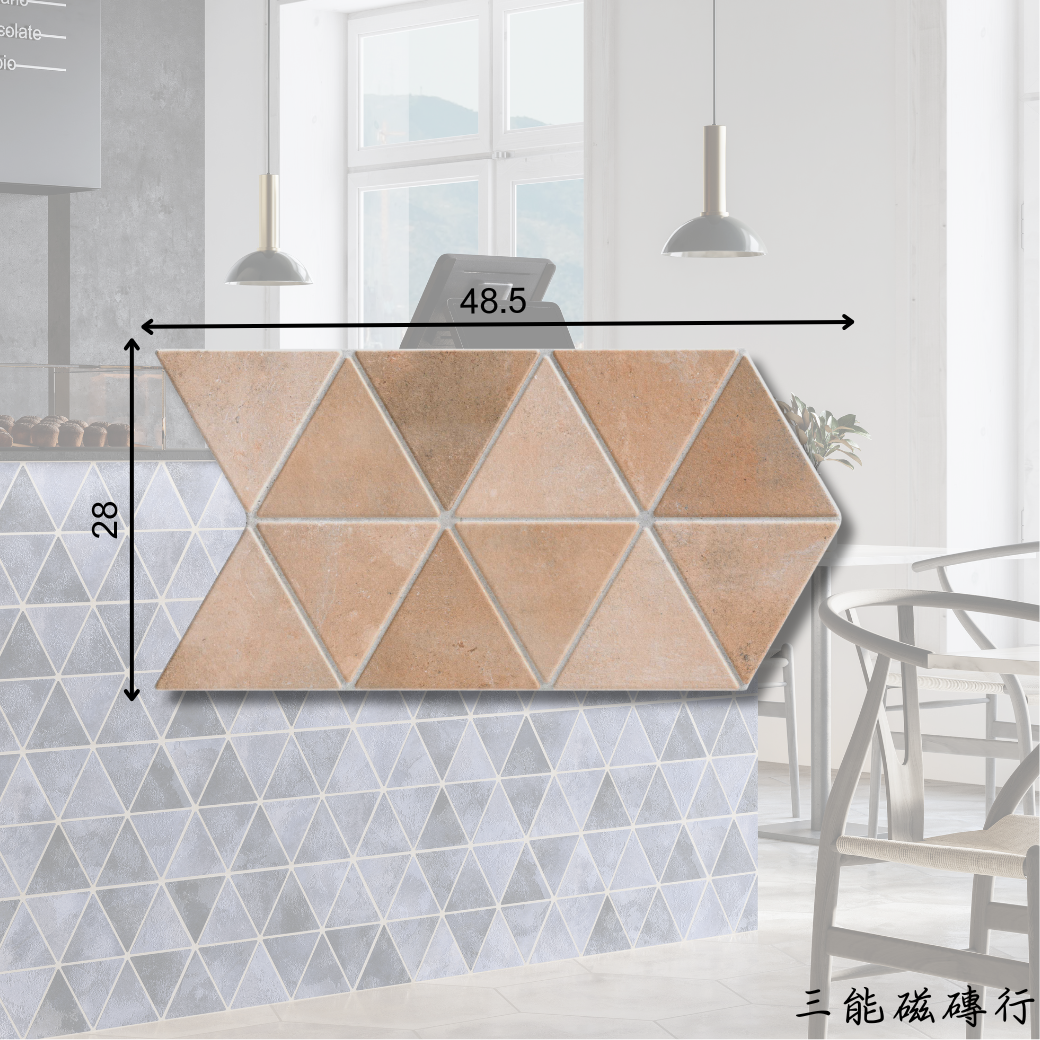 多彩幾何花紋三角拼貼磁磚，充滿異國風情與設計感，適合裝飾性牆面