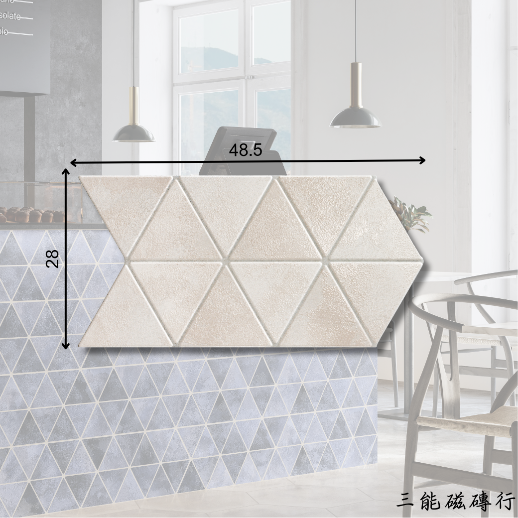 多彩幾何花紋三角拼貼磁磚，充滿異國風情與設計感，適合裝飾性牆面