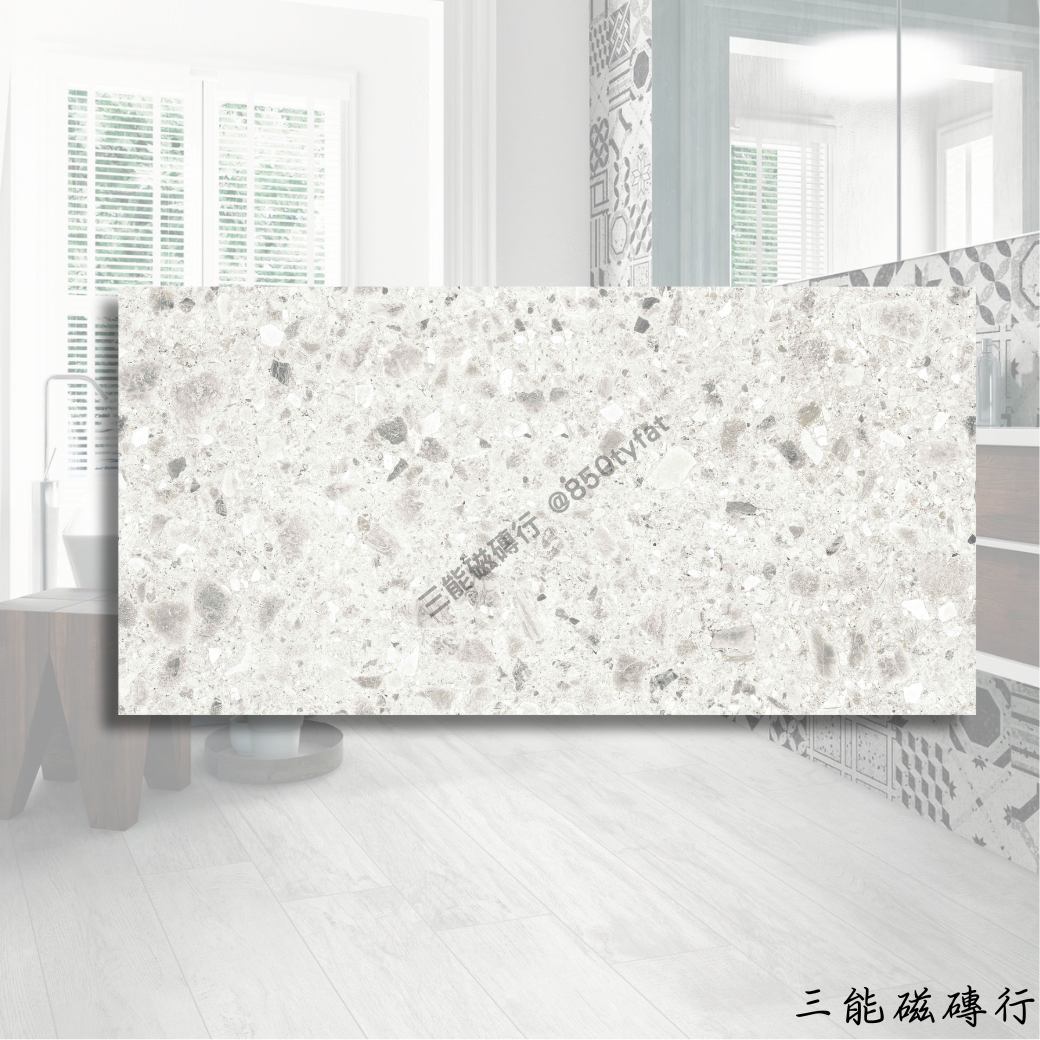 布雷西亞深灰色磁磚，60x120cm，深沉灰底佐以晶礦般碎石點綴，展現都會質感。