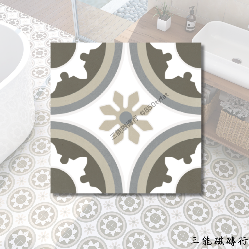 蓓優妮塔系列藍花磁磚，明亮幾何設計，視覺吸睛。