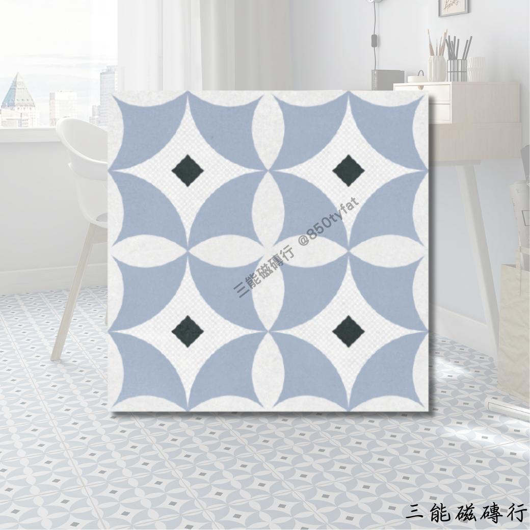 蓓優妮塔系列藍花磁磚，明亮幾何設計，視覺吸睛。