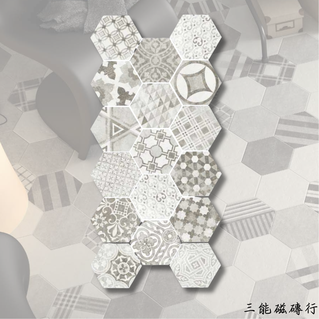 東澤系列幾何灰六角磚，灰階線條拼圖效果。