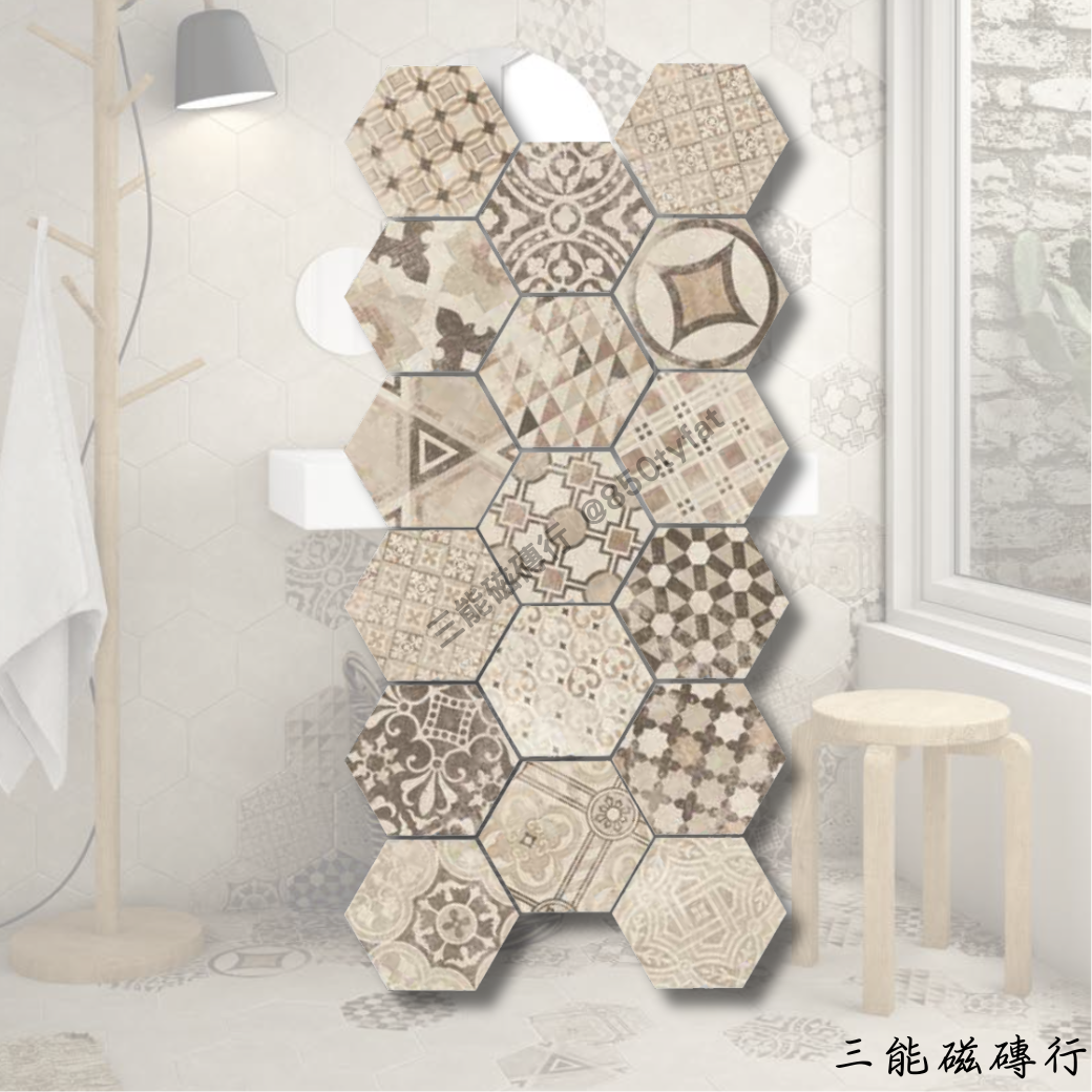 霧角磚系列幾何米磚，線條拼貼設計。