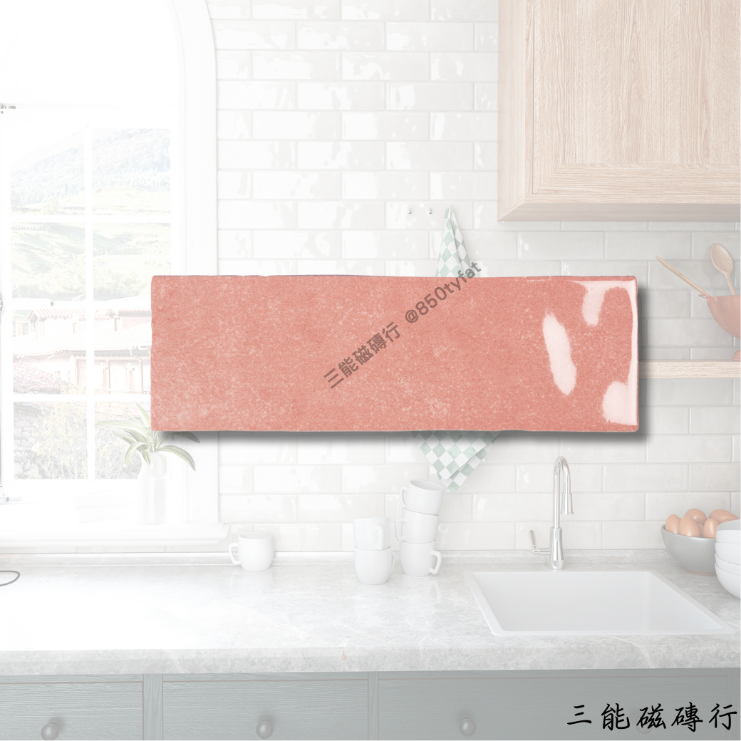 卡特蓮娜 Catalina 系列磁磚展示圖，包含優越白、小川綠、低調灰、高雅粉、森林綠、性格藍與卡特黑七款釉面色系，採用 6.5x20 cm 長條尺寸，由三能磁磚行提供