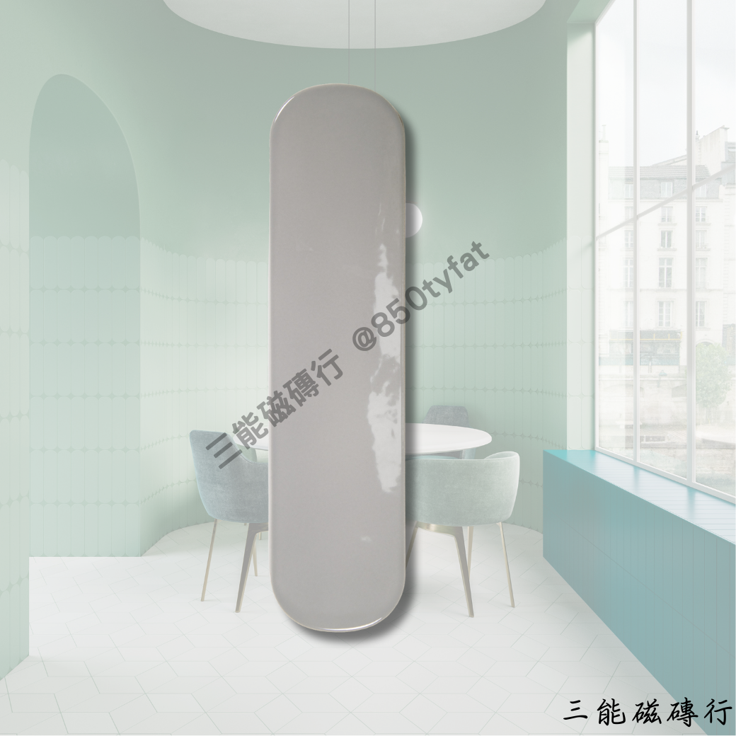 艾奧斯系列磁磚全色系樣本圖，包含亮面與霧面兩種質地，共有白、灰、綠、深綠、粉、奶茶等圓角長條形磁磚，由三能磁磚行提供