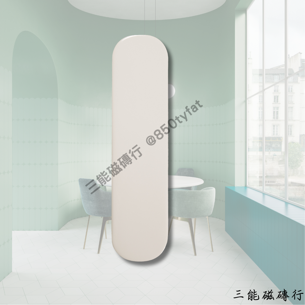 艾奧斯系列磁磚全色系樣本圖，包含亮面與霧面兩種質地，共有白、灰、綠、深綠、粉、奶茶等圓角長條形磁磚，由三能磁磚行提供