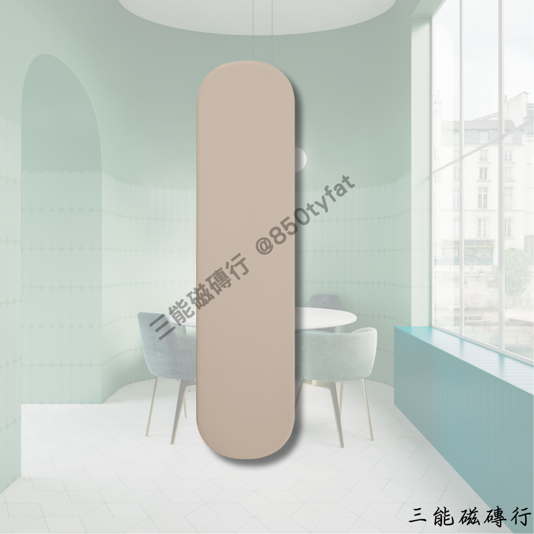 艾奧斯系列磁磚全色系樣本圖，包含亮面與霧面兩種質地，共有白、灰、綠、深綠、粉、奶茶等圓角長條形磁磚，由三能磁磚行提供