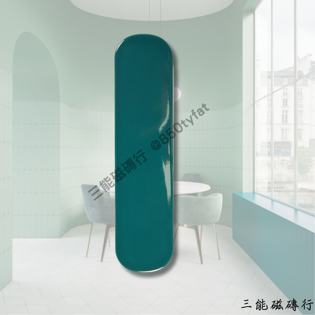 艾奧斯系列磁磚全色系樣本圖，包含亮面與霧面兩種質地，共有白、灰、綠、深綠、粉、奶茶等圓角長條形磁磚，由三能磁磚行提供