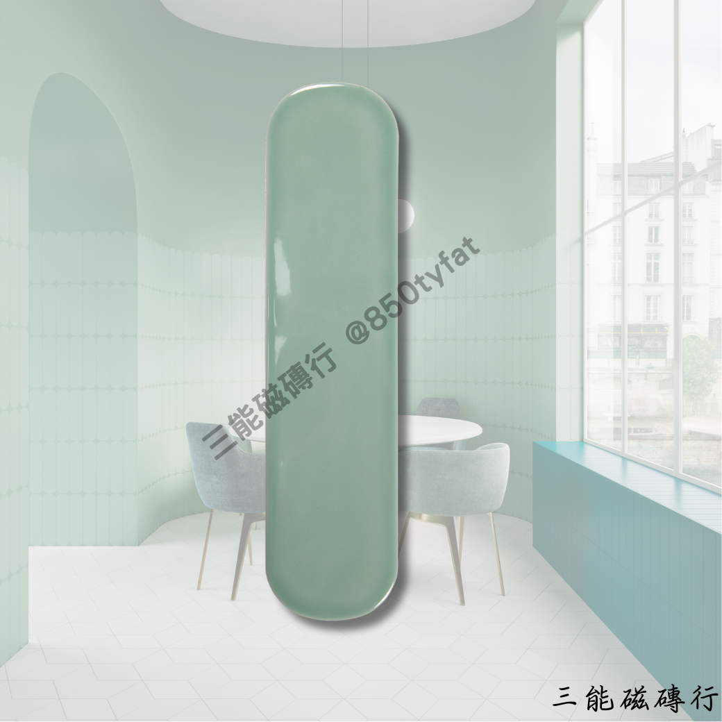 艾奧斯系列磁磚全色系樣本圖，包含亮面與霧面兩種質地，共有白、灰、綠、深綠、粉、奶茶等圓角長條形磁磚，由三能磁磚行提供