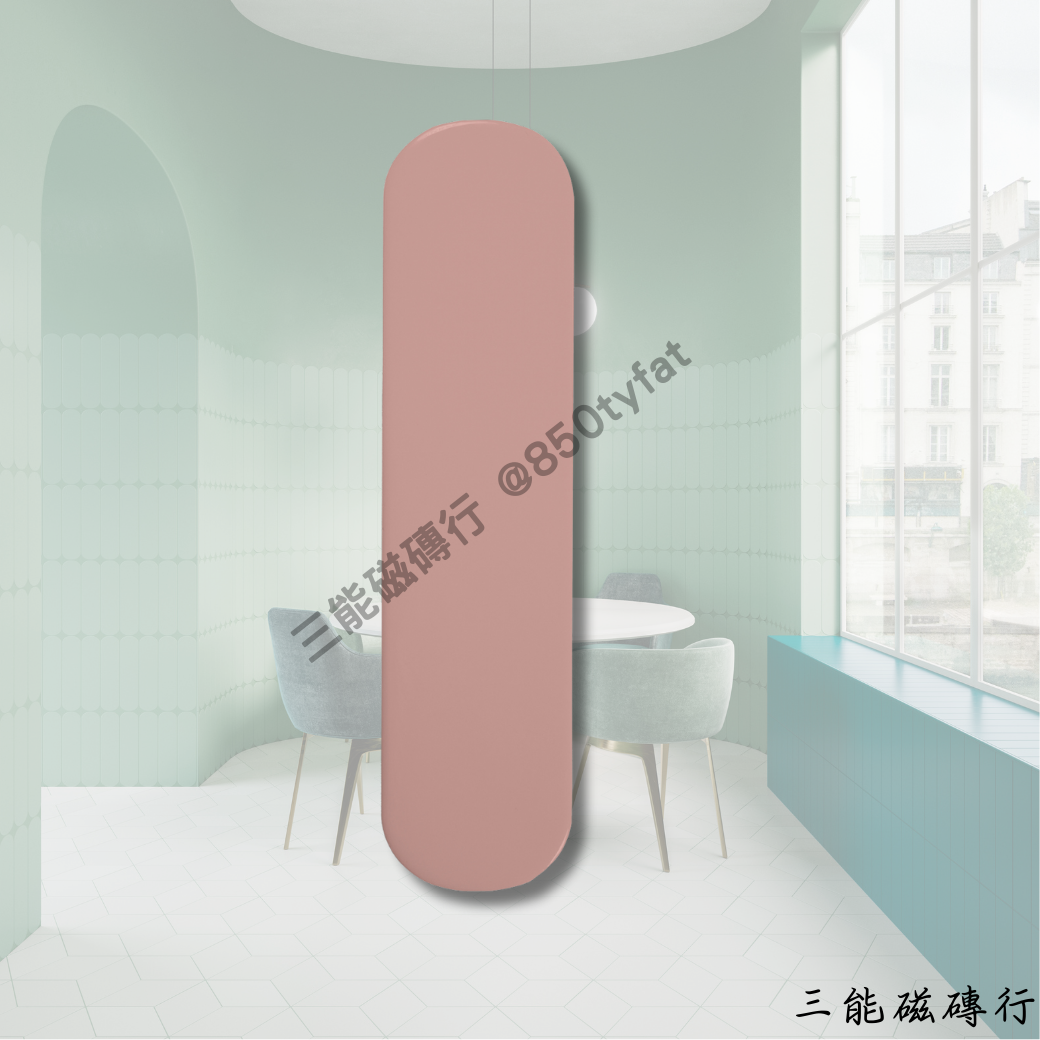 艾奧斯系列磁磚全色系樣本圖，包含亮面與霧面兩種質地，共有白、灰、綠、深綠、粉、奶茶等圓角長條形磁磚，由三能磁磚行提供