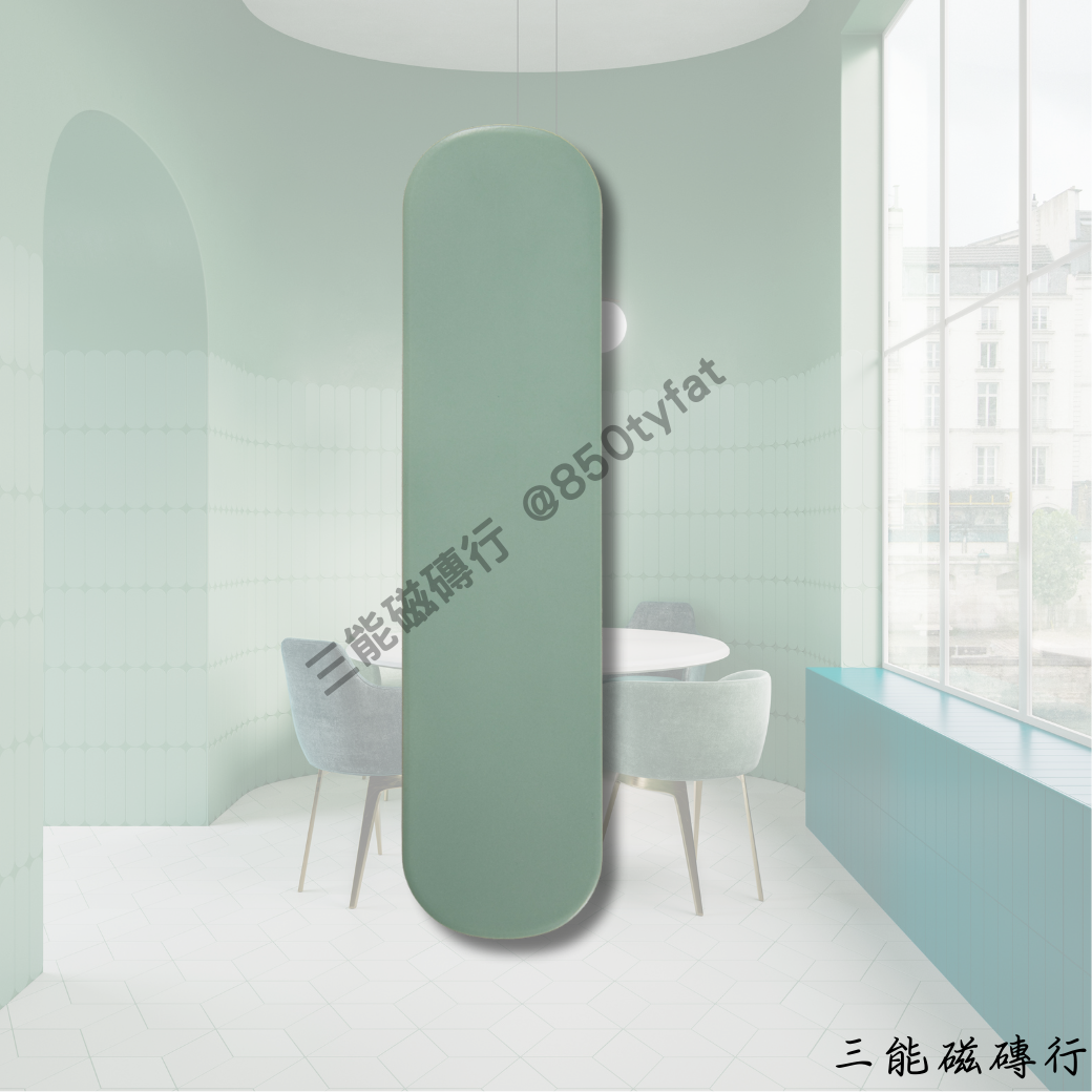 艾奧斯系列磁磚全色系樣本圖，包含亮面與霧面兩種質地，共有白、灰、綠、深綠、粉、奶茶等圓角長條形磁磚，由三能磁磚行提供