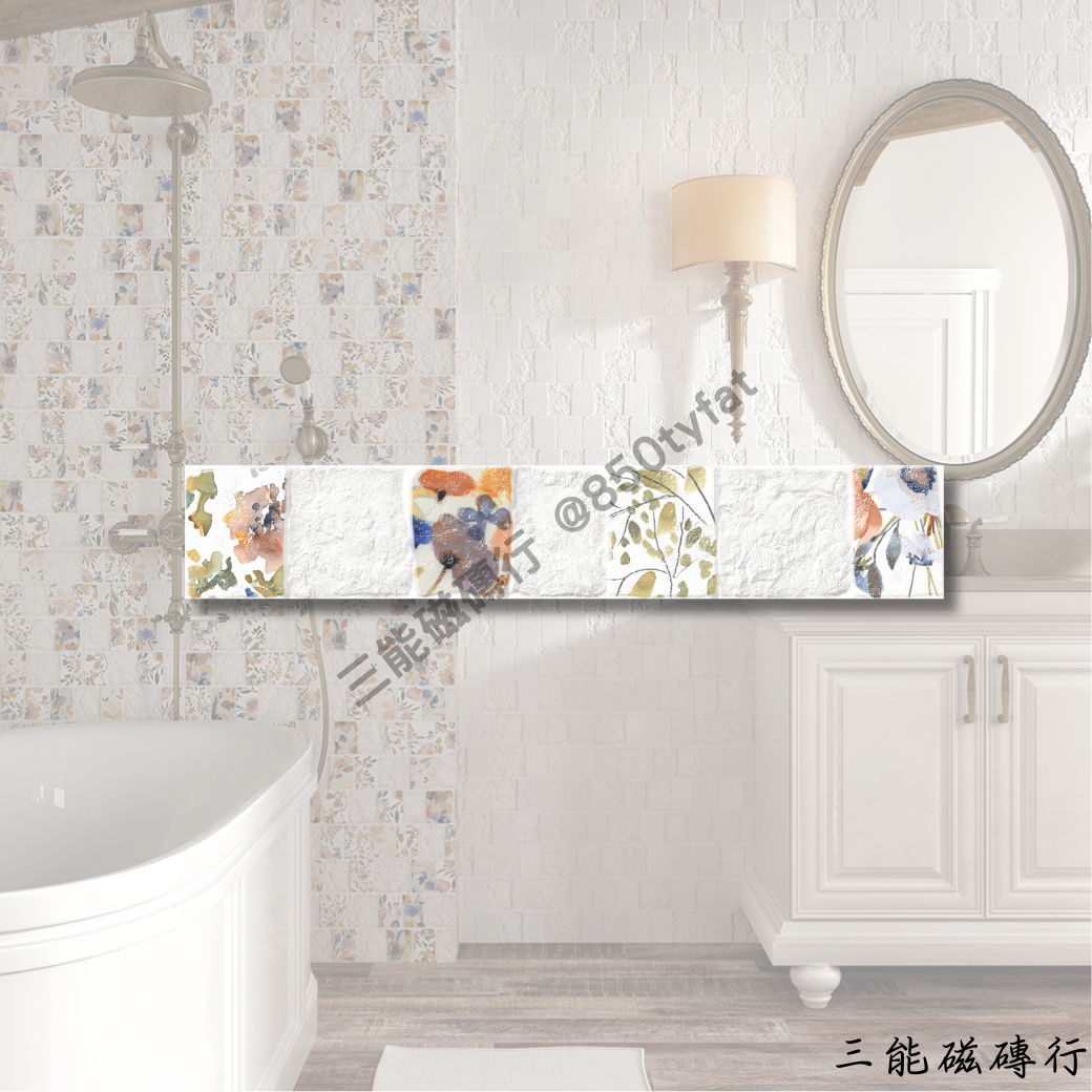 諾瓦葛蘭系列磁磚全色系樣本圖，包括白、米、灰、鐵、棕等仿石質感色系，以及帶有手繪花紋的花磚款式，由三能磁磚行提供