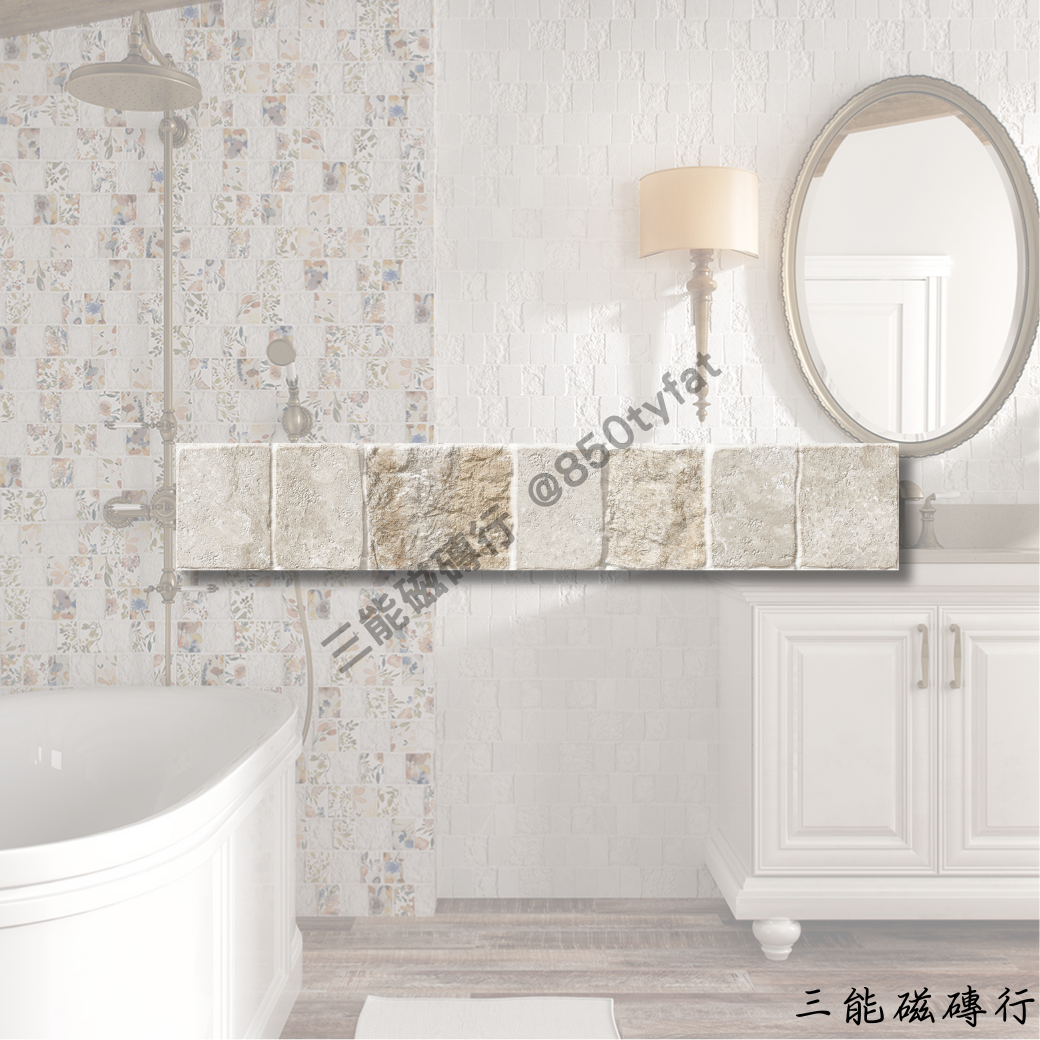 諾瓦葛蘭系列磁磚全色系樣本圖，包括白、米、灰、鐵、棕等仿石質感色系，以及帶有手繪花紋的花磚款式，由三能磁磚行提供