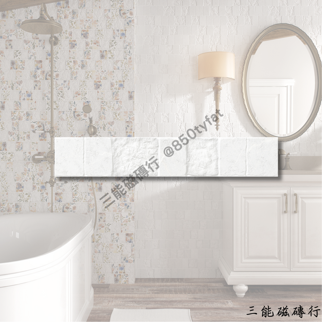 諾瓦葛蘭系列磁磚全色系樣本圖，包括白、米、灰、鐵、棕等仿石質感色系，以及帶有手繪花紋的花磚款式，由三能磁磚行提供