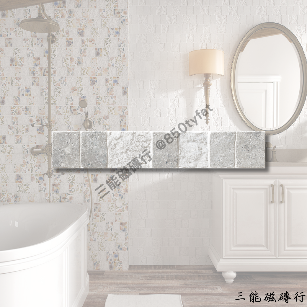 諾瓦葛蘭系列磁磚全色系樣本圖，包括白、米、灰、鐵、棕等仿石質感色系，以及帶有手繪花紋的花磚款式，由三能磁磚行提供