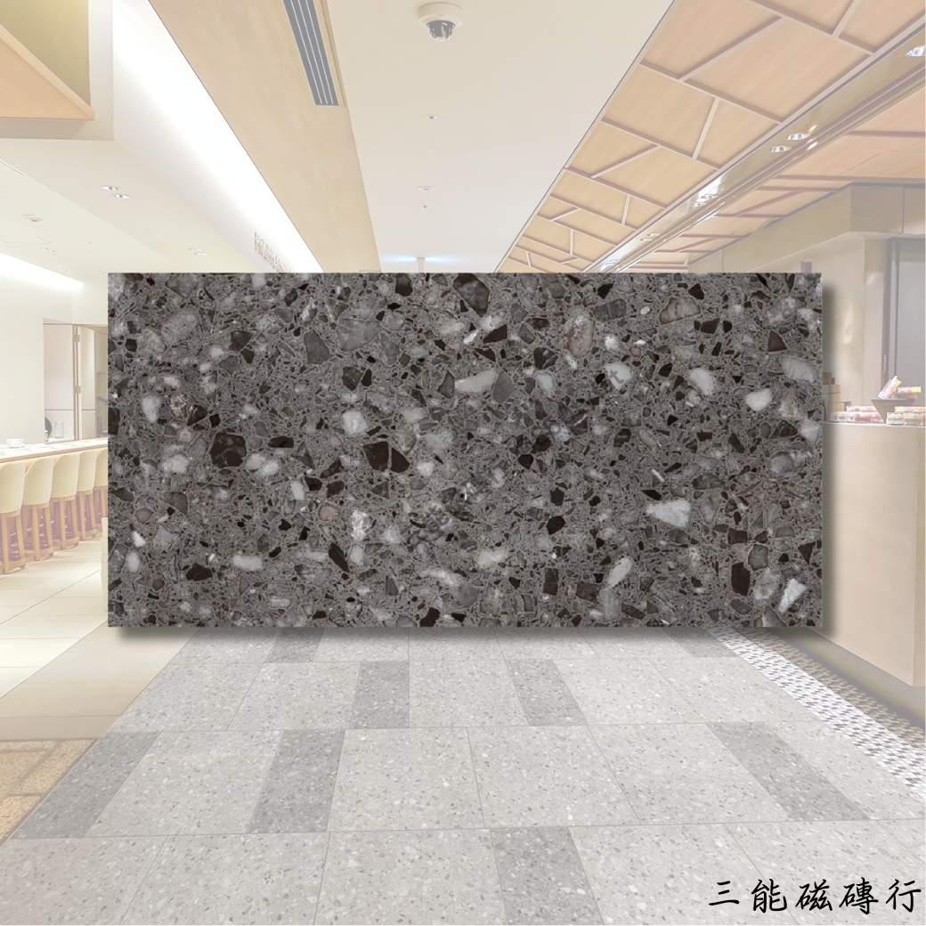 特仕灰系列磁磚展示圖，從淺灰、中灰到深灰，共三種顆粒切面石英質感款式，適用於大型商業與住宅空間，由三能磁磚行提供