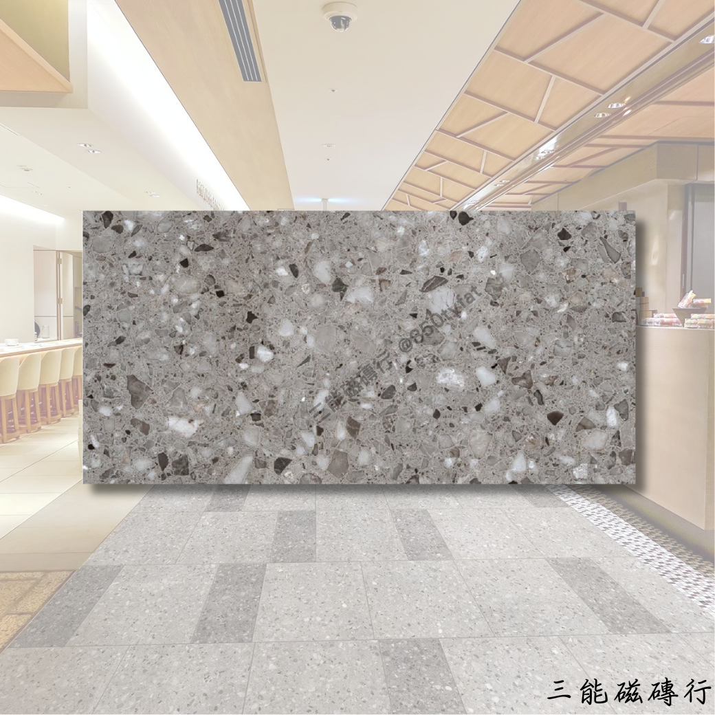 特仕灰系列磁磚展示圖，從淺灰、中灰到深灰，共三種顆粒切面石英質感款式，適用於大型商業與住宅空間，由三能磁磚行提供