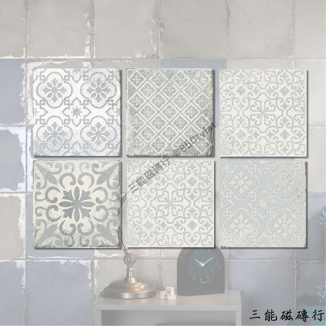 礦彩映象系列白花磁磚，手工感紋理搭配低調花紋，適合居家與商業空間使用，增添精緻裝飾感。