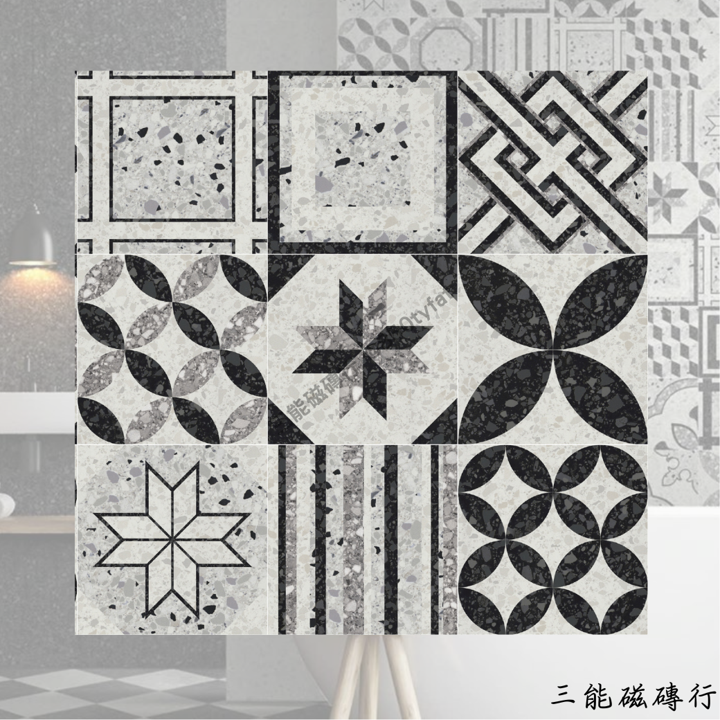 摩登水磨系列隨機花磁磚，黑白灰水磨石紋與幾何花紋結合，打造個性化拼貼效果，適用於浴室、廚房與特色牆面。