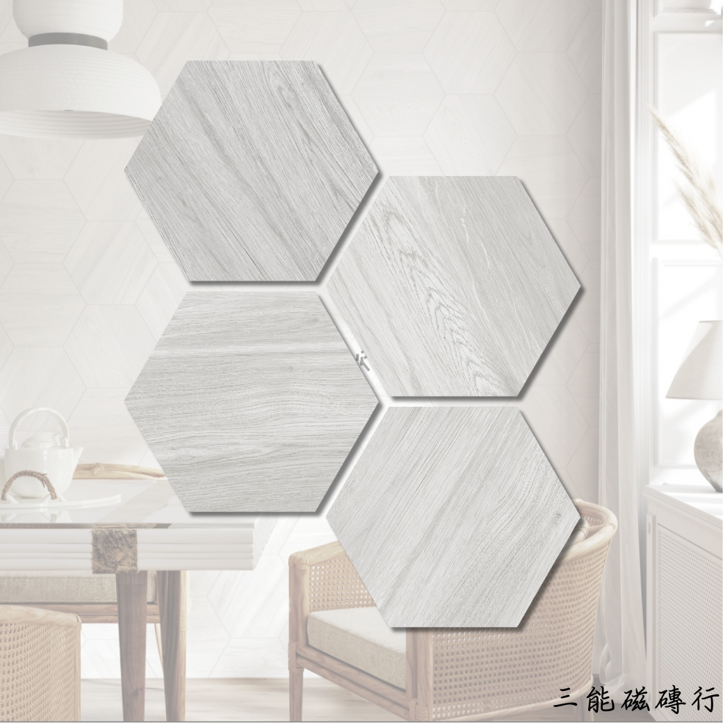 灰色木紋六角磚，兼具木質紋理與水泥風格，適合現代工業風設計。