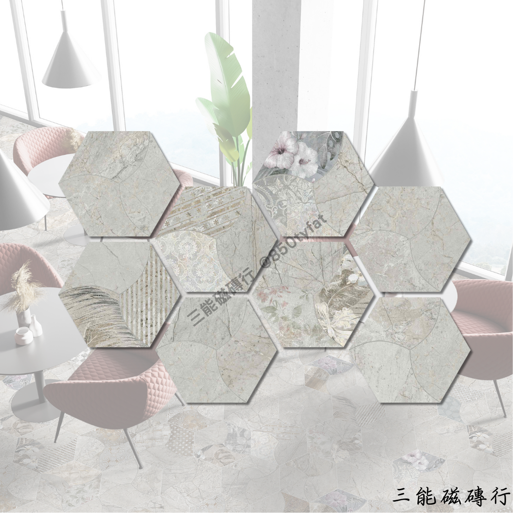 六角形瓷磚，結合大理石紋理與細膩的藝術浮雕圖案，呈現復古與現代融合的高級設計感，適合優雅空間鋪設。