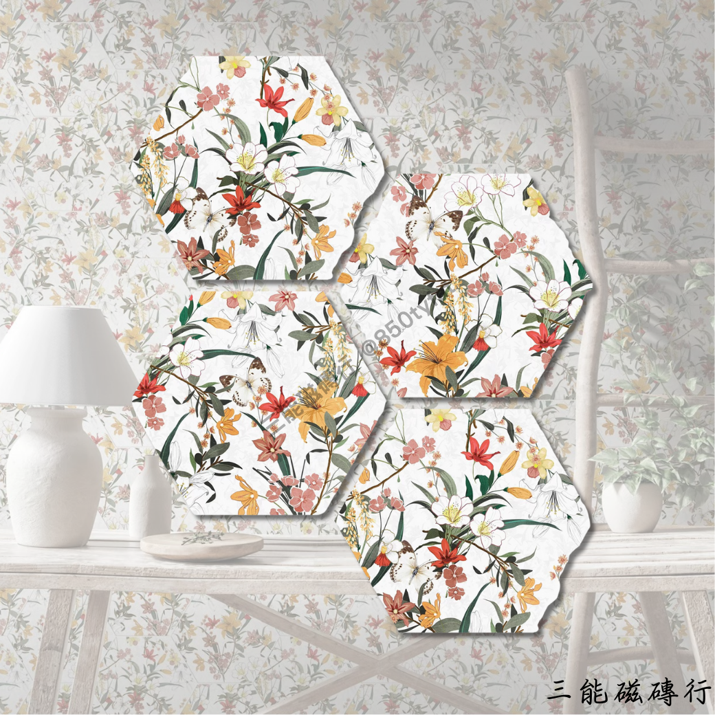 六角形瓷磚，細緻的花卉與植物紋理，搭配淡雅的背景色調，展現詩意與自然交織的藝術風格，適合特色空間設計。