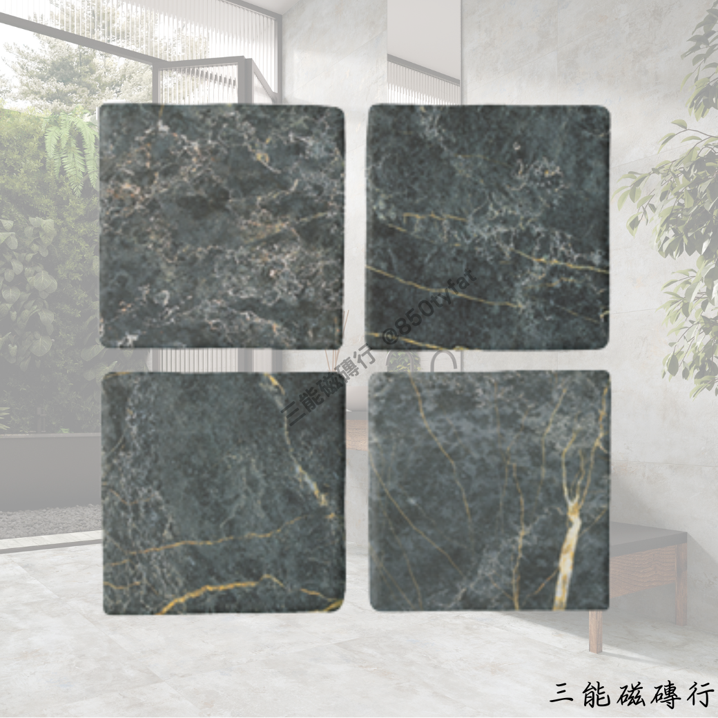 巴里灣系列黑色磁磚，霧黑帶金紋，設計感強。