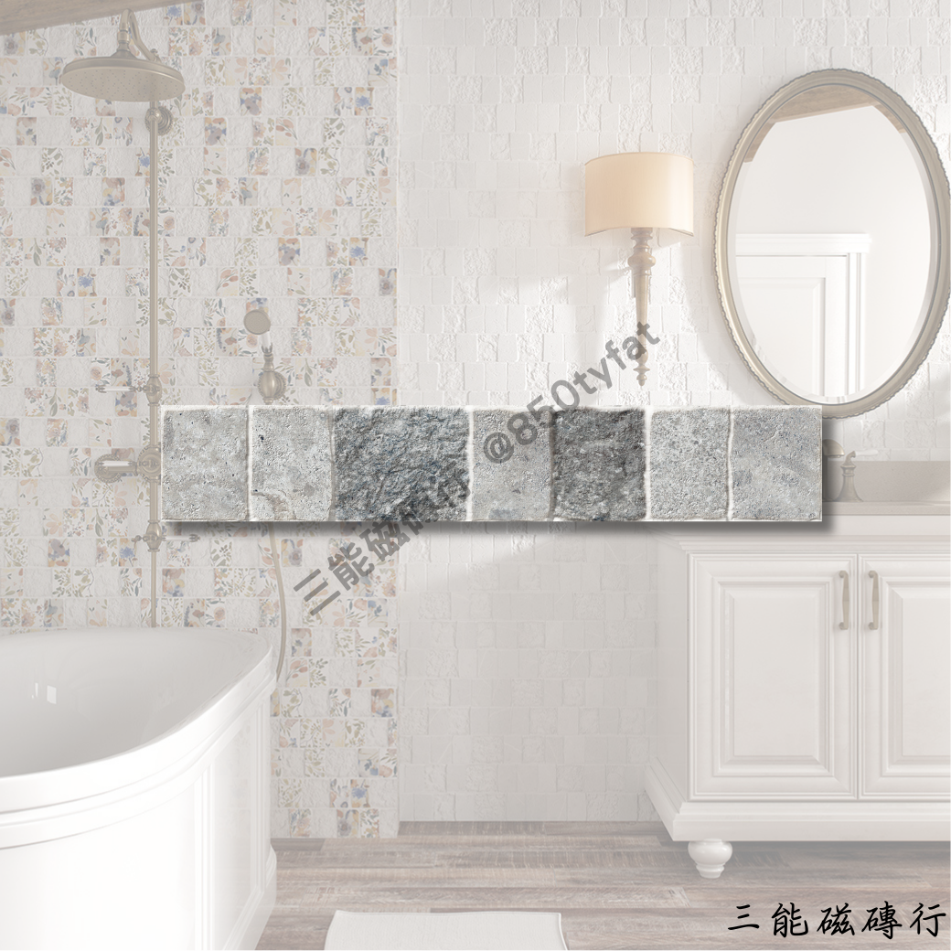 諾瓦葛蘭系列磁磚全色系樣本圖，包括白、米、灰、鐵、棕等仿石質感色系，以及帶有手繪花紋的花磚款式，由三能磁磚行提供