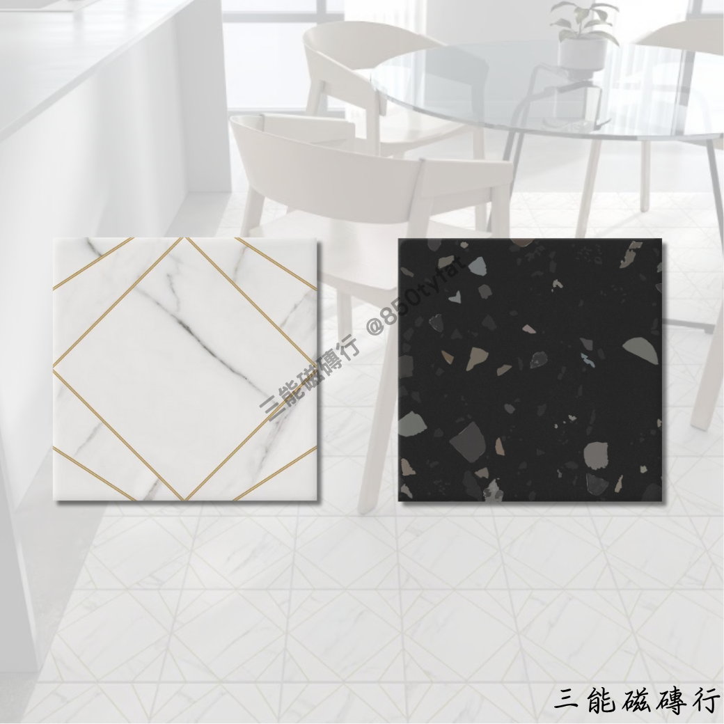 馬琦納白色大理石金線磁磚，幾何設計與金色線條結合，提升空間設計感，適用現代風格住宅與商業空間