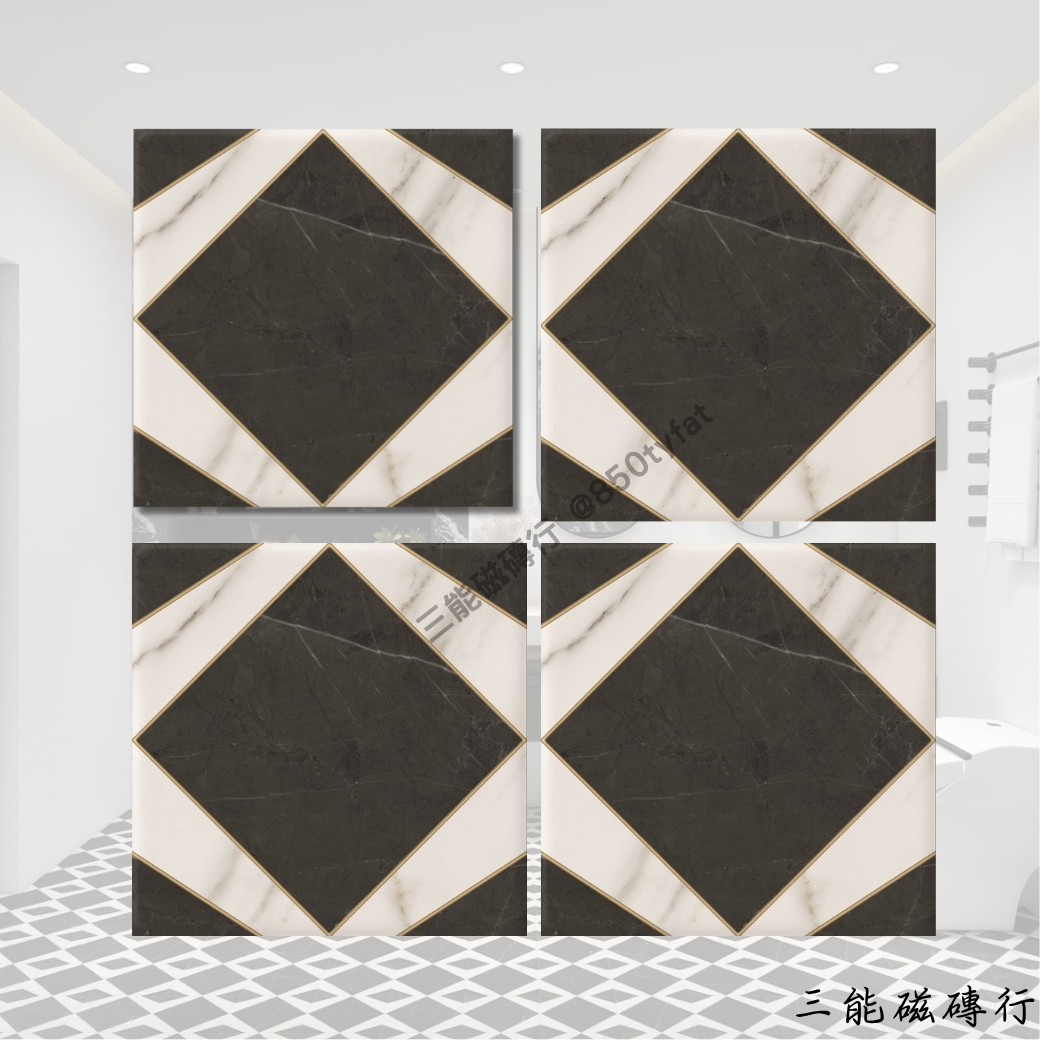 馬琦納白色大理石金線磁磚，幾何設計與金色線條結合，提升空間設計感，適用現代風格住宅與商業空間